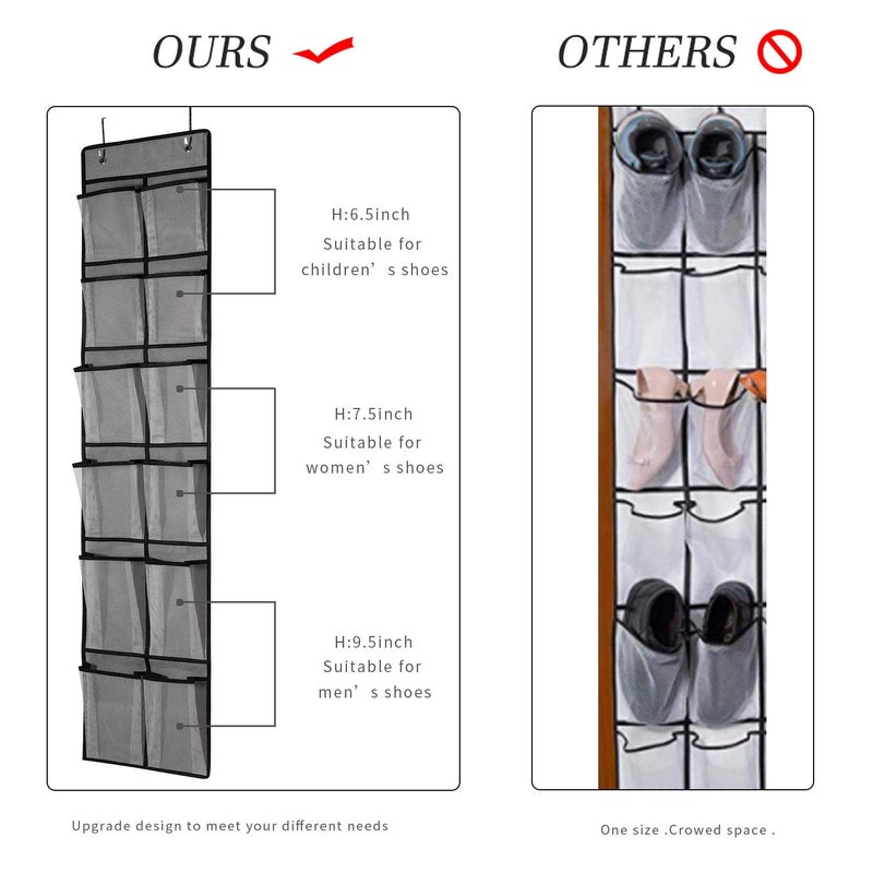 KEEPJOY Over The Door Shoe Organizer 2 Pack,Mesh Pockets Hanging Shoe Rack Over The Door,Shoe Storage Closet with 4 Hooks,Washable and Breathable Fabic,Large Size 57.5Ã—12.6inch(Grey) - Image 2